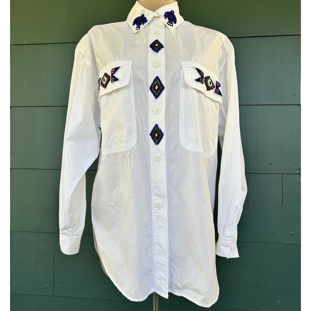 Vtg Regina Porter Beaded Thunderbird White Cotton Blouse Shirt Southwest Small